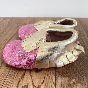 Never Worn Pink Sequin/Gold Leather Baby Moccasins